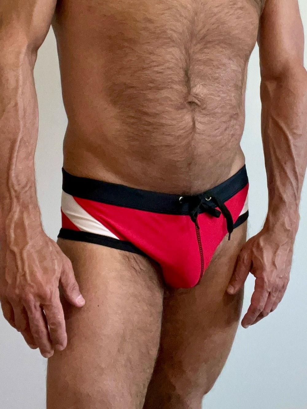Men's Red Contrast Swim Briefs with Black Trim, XL to L- see size note